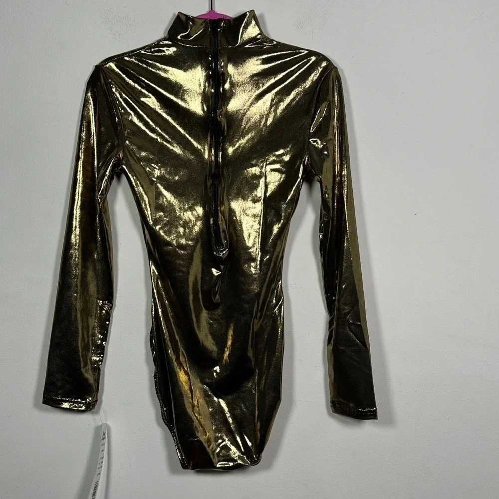 Body Wrappers Metallic Gold Long Sleeve Mock Neck Leotard child 12/14 NWT